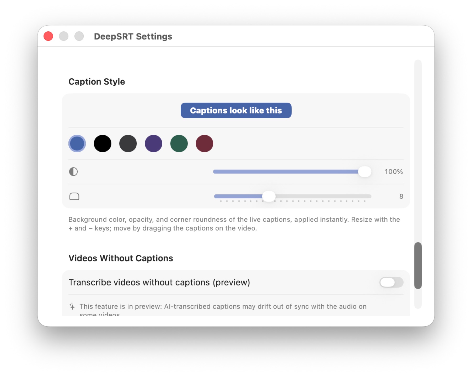 The Caption Style section: color swatches, opacity and roundness sliders, live preview