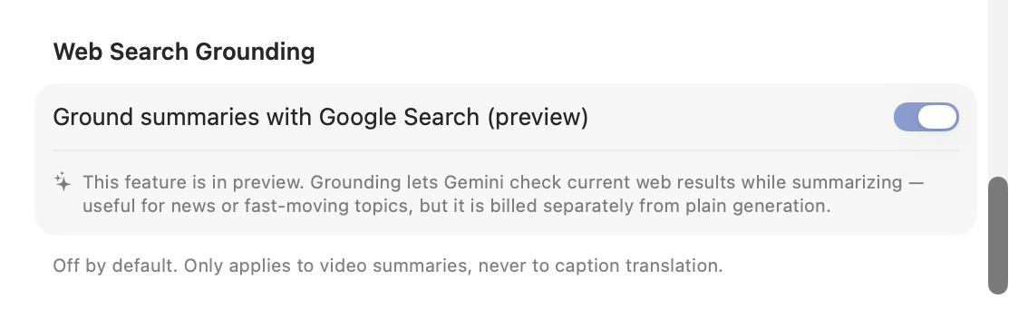 DeepSRT settings: the Web Search Grounding section with the 'Ground summaries with Google Search (preview)' toggle switched on, and the preview notice explaining it is billed separately