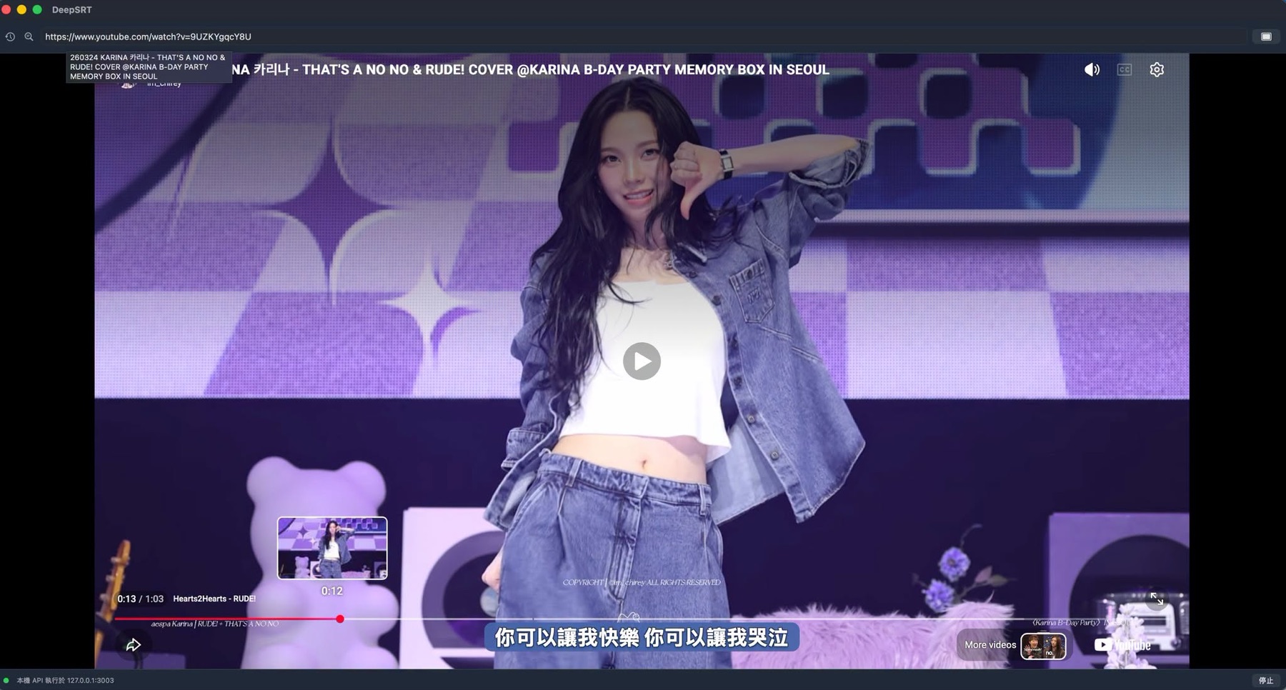 A fancam playing full-window in DeepSRT with AI live captions